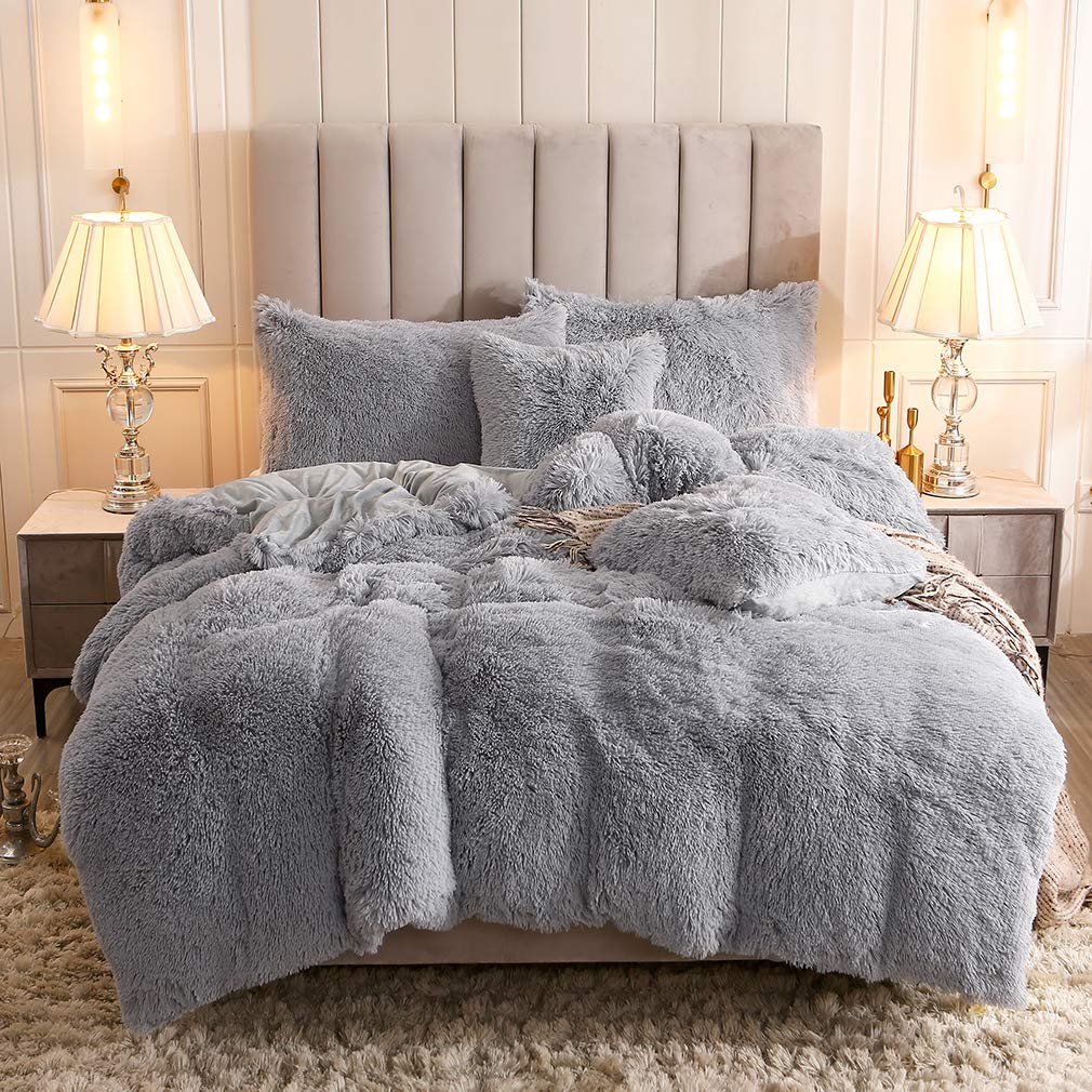 Uhamho Faux Fur Velvet Fluffy Bedding Duvet Cover Set Down Comforter Quilt Cover With Pillow Shams, Ultra Soft Warm (Queen, Ligh